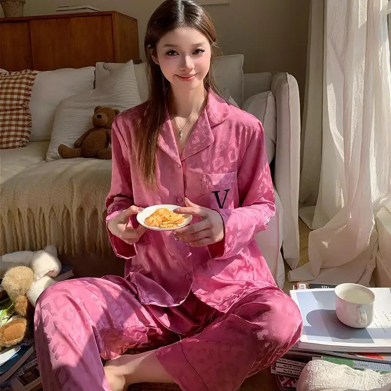 Silky Satin Pajama For Women Striped 2PCS Sleep Set Homewear 2025 Spring New Long Sleeve Trouser Suits Loungewear Nightwear