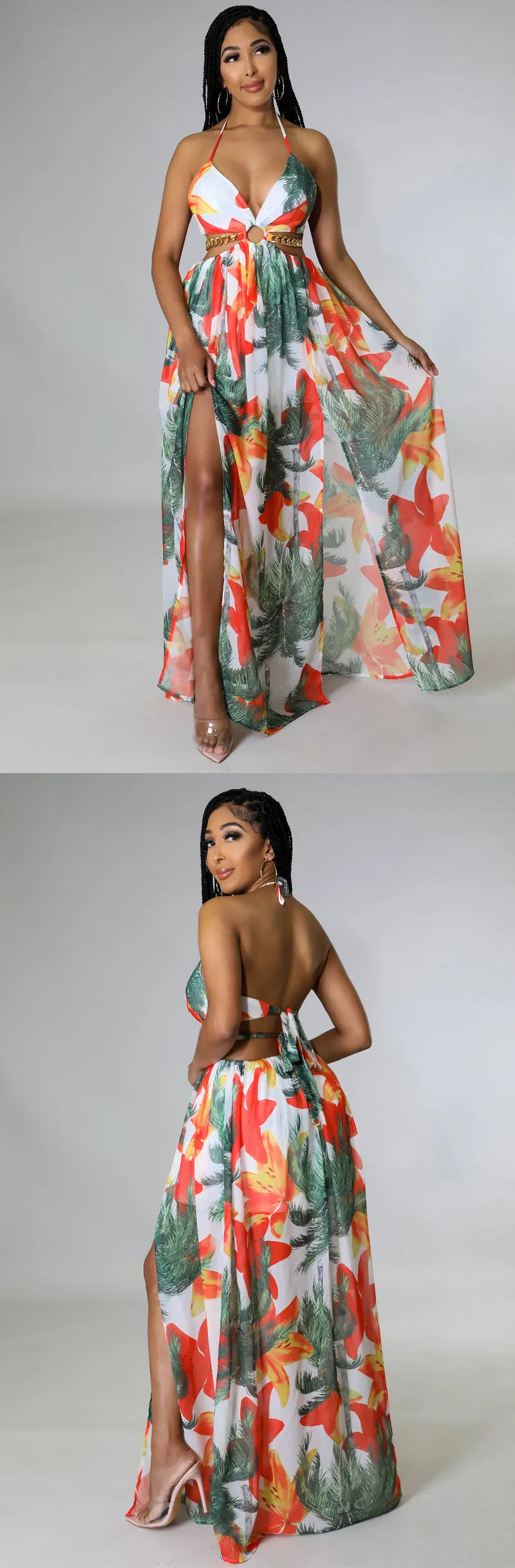 CM.YAYA Elegant Women Floral Halter V-neck Backless Cut Out Waist Chain Sleeveless High Side Split Fit Flare Maxi Long Dresses