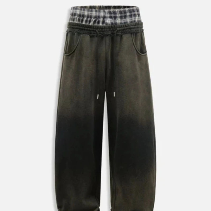 Mens Pants Washed Plaid Patchwork Double Waist Straight Leg Trousers Harajuku Unisex Low Rise Loose Fit Casual Streetwear New