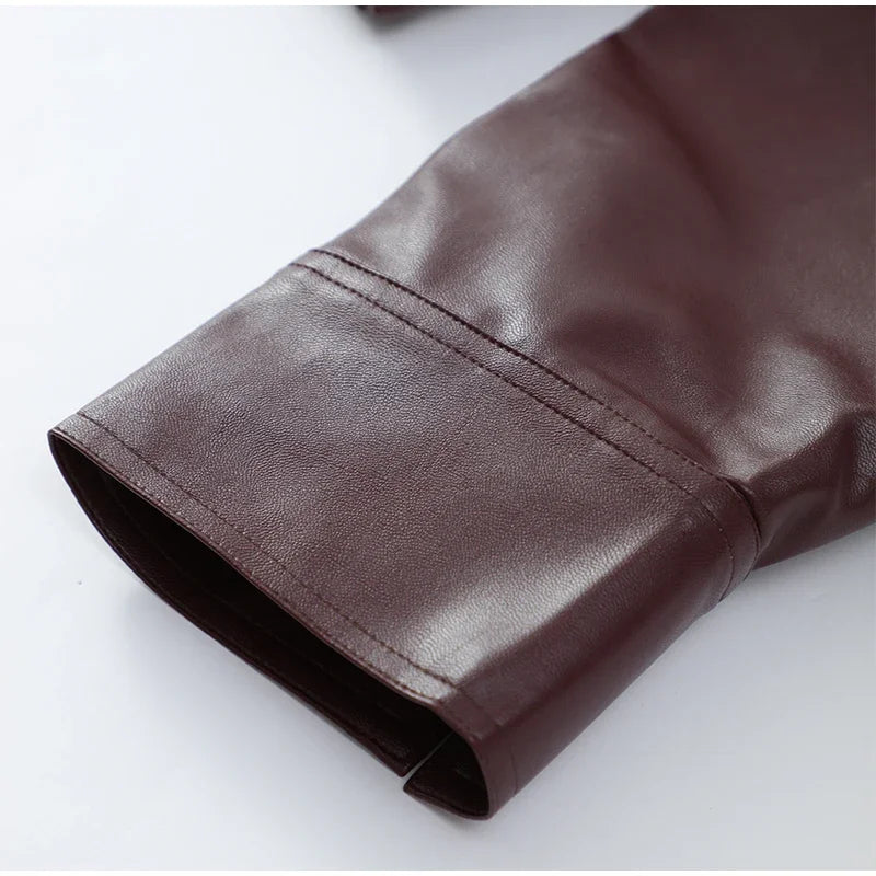 Casual Dark Red  Zipper Leather Short Jackets Women Long Sleeve Lace Up Lapel Loose Button Coat Lady Daily High Street Wear 2026