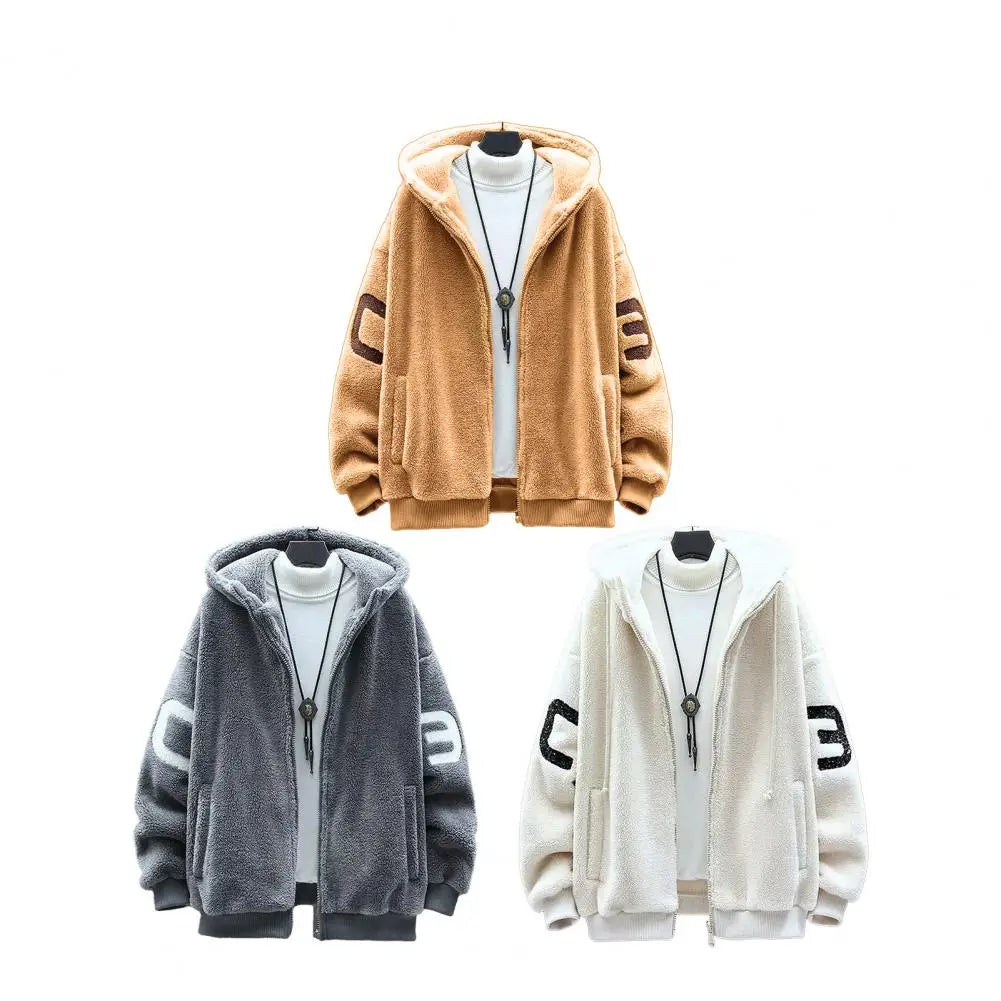Faux Sherpa Thickened Men Jacket Zipper Closure Pockets Hooded Jackets Casual Thickened Sherpa Lining Winter Warm Men's Jackets