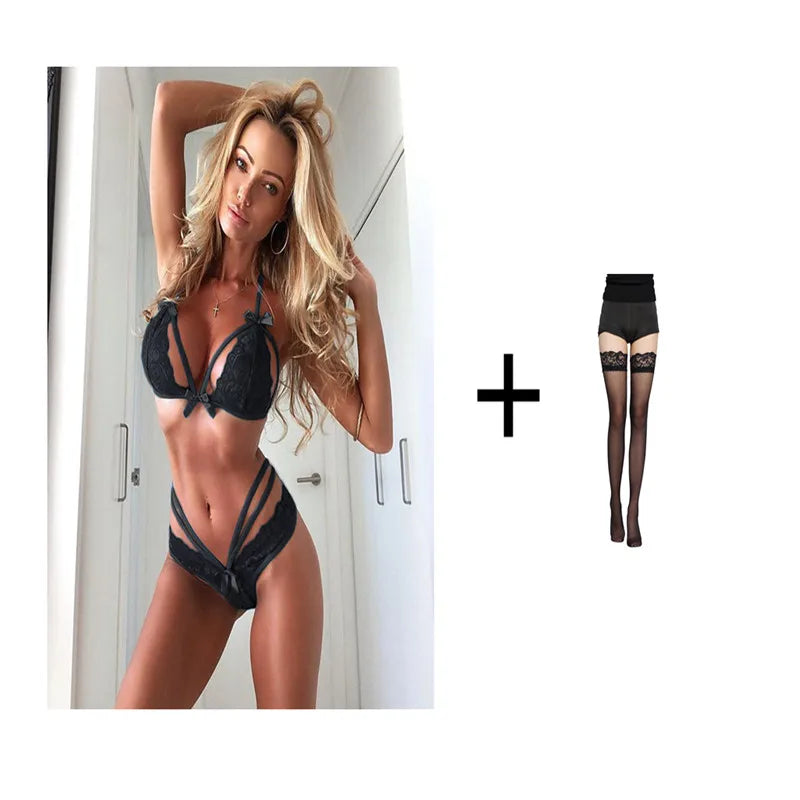 Women's Sexy Underwear Set 3-piece Exotic Set Sexy Lace Bra Bandage Panties + Stockings Erotic Transparent Bra Set