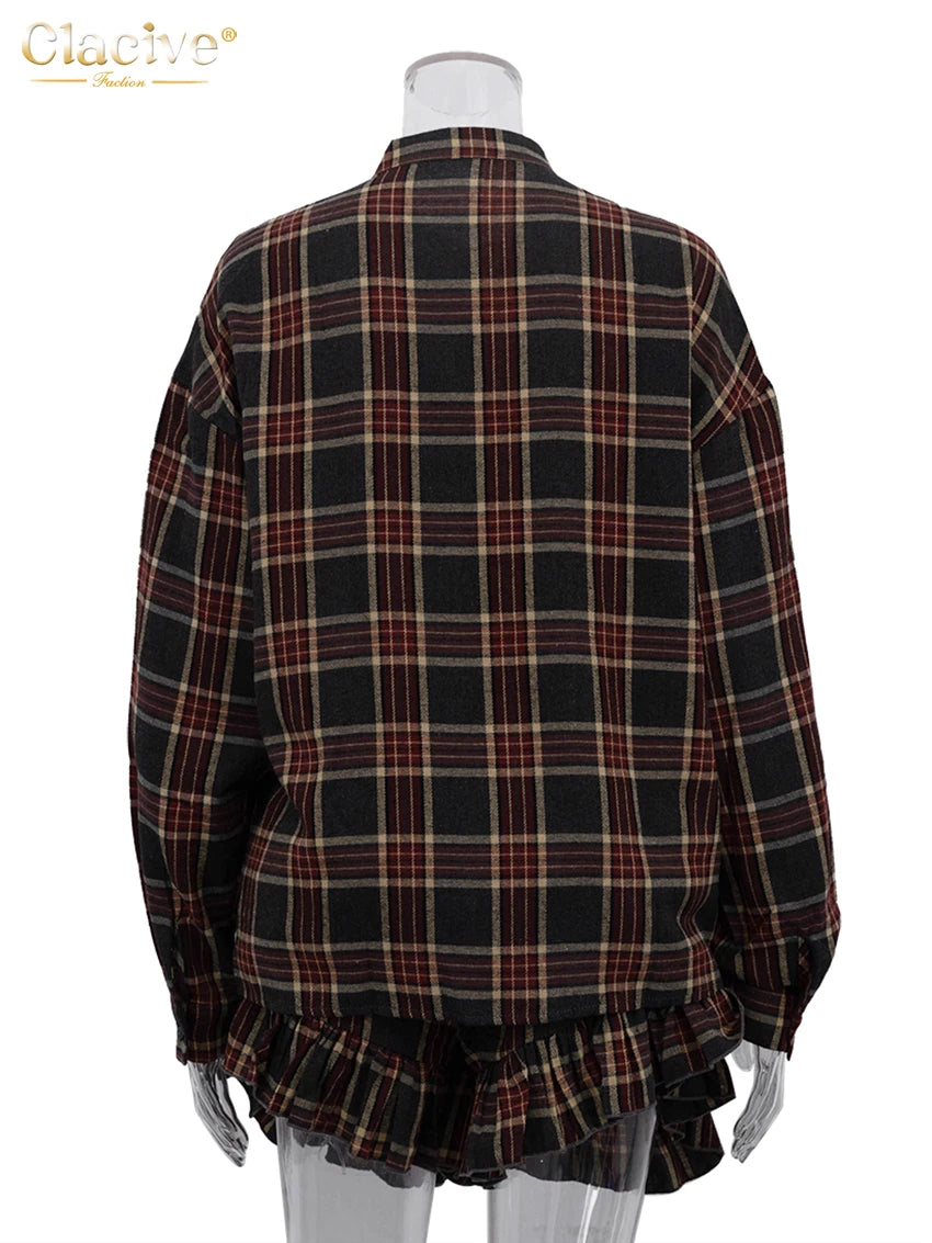 Clacive Fashion Loose Plaid 2 Piece Sets Women Outfit 2025 Elegant Long Sleeve Blouse With High Waist Pleated Mini Skirt Set