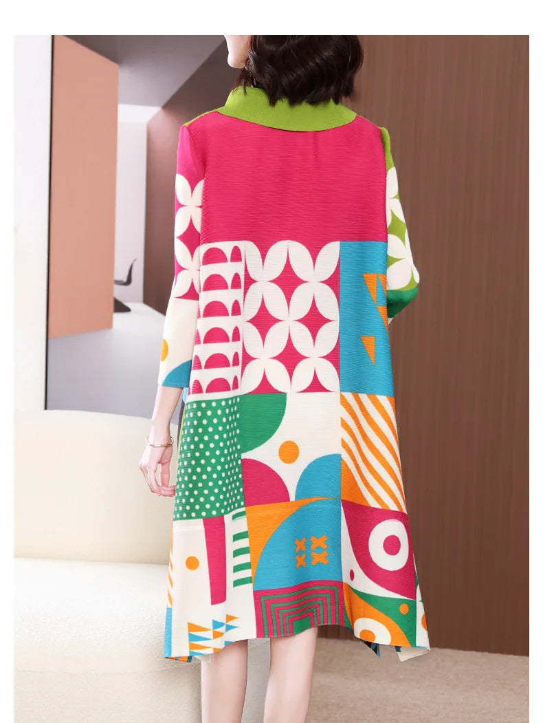 Miyake Pleated Dress Women 2024 Spring New High-End Design Sense Printing Lapel 3/4 Sleeve Single-breasted Fashion Shirt Dresses
