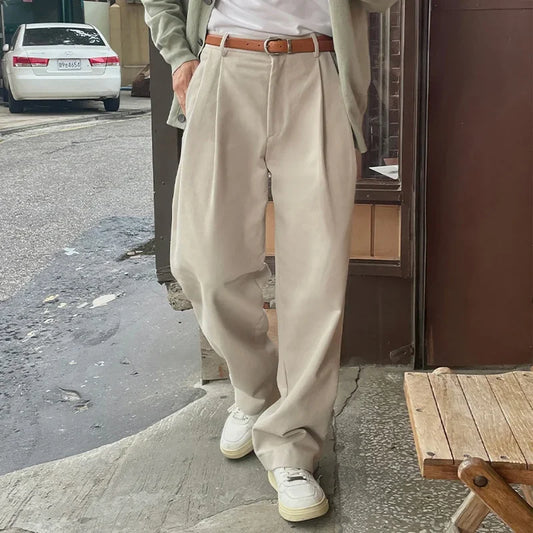 Fashionable Mens Suit Trousers Streetwear Vintage Solid Color Pleated Loose Straight Pants 2025 Spring Casual Buttoned Trousers
