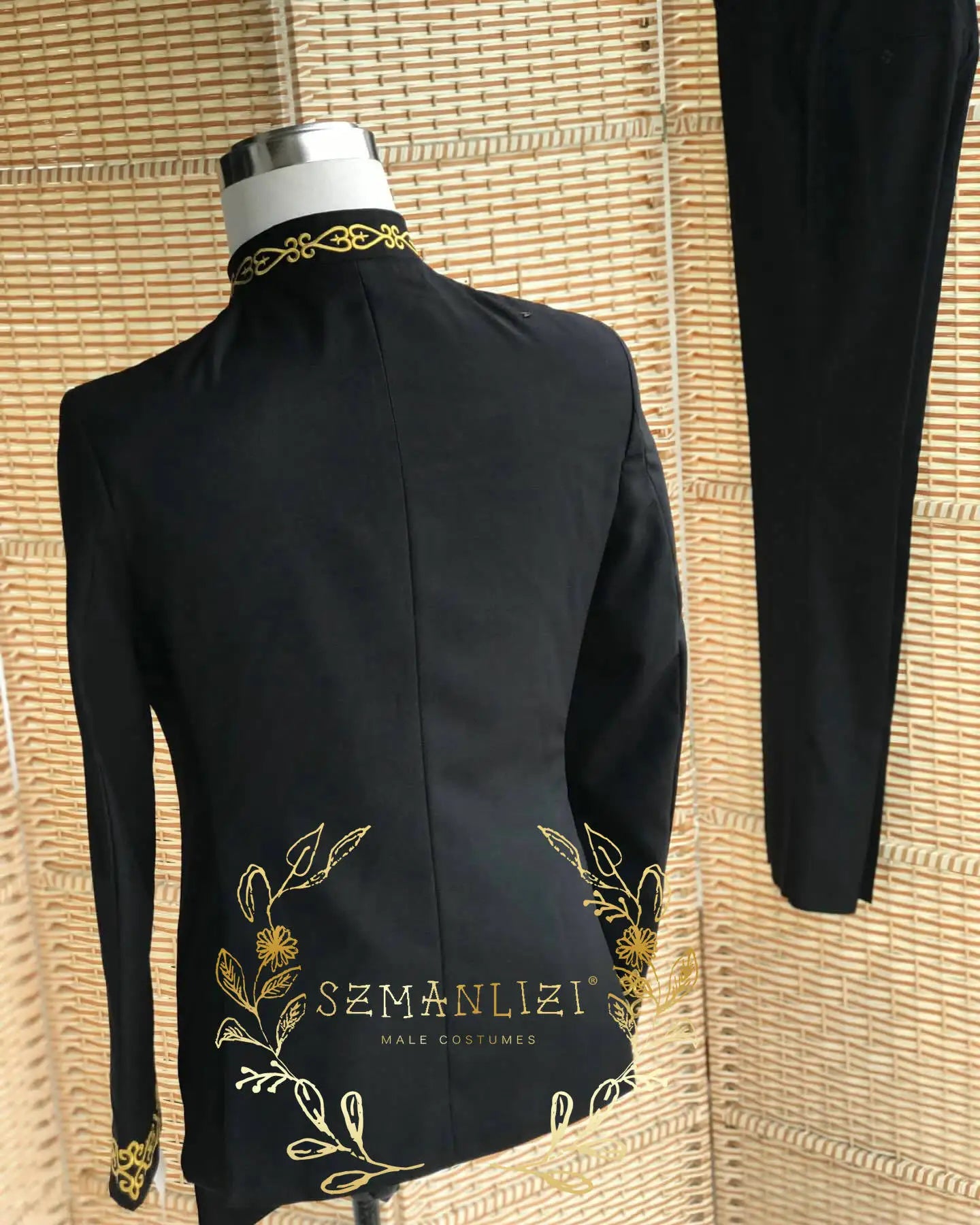 African Stand Collar Black Men Suits Appliques 2 Pieces Blazer+Pants Formal Groomsmen Wedding Tuxedos Costume Homme Mariage