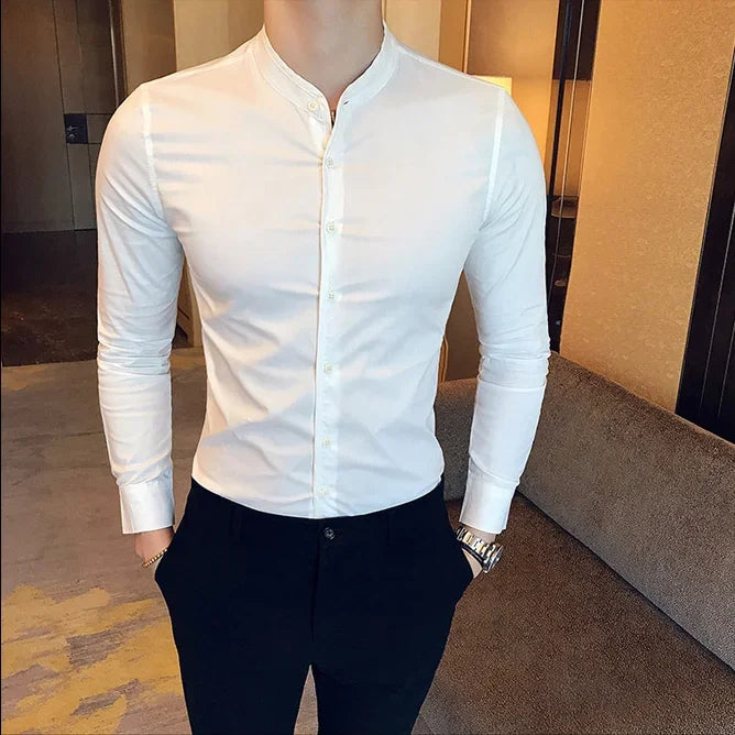 Men Slim Fit Shirt 2025 Autumn Cotton Solid Stand Collar Casual Business Long-sleeved Shirts Male Fashion Camisas Men Clothing