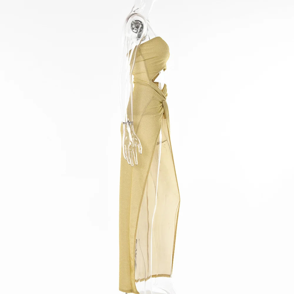 Cryptographic Summer Sexy Strapless Cut Out Slit Maxi Dress Elegant Outfits for Women Sleeveless Glitter Twist Dresses Vestido