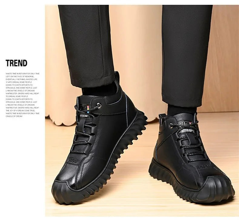 CINESSD New Warm Winter Velvet Men's Snow Boots Non-slip Men's Leather Boots Thick Bottom Dad Shoes
