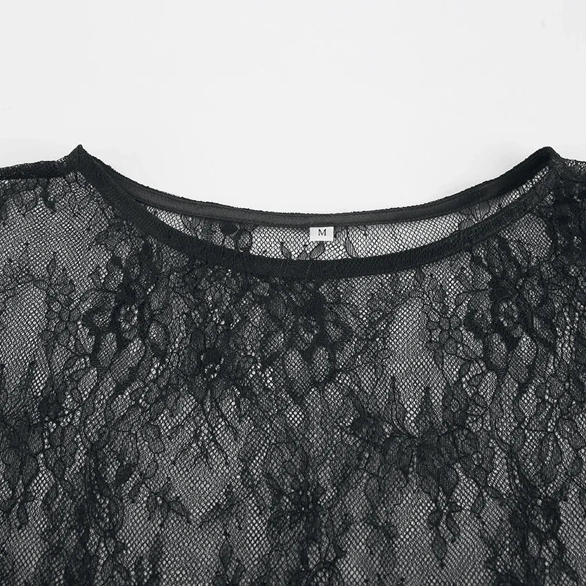 Fashion Perspective Sexy Long Blouses O-Neck Women Long Sleeve Irregular Lace Pullover Tops High Street Female 2024