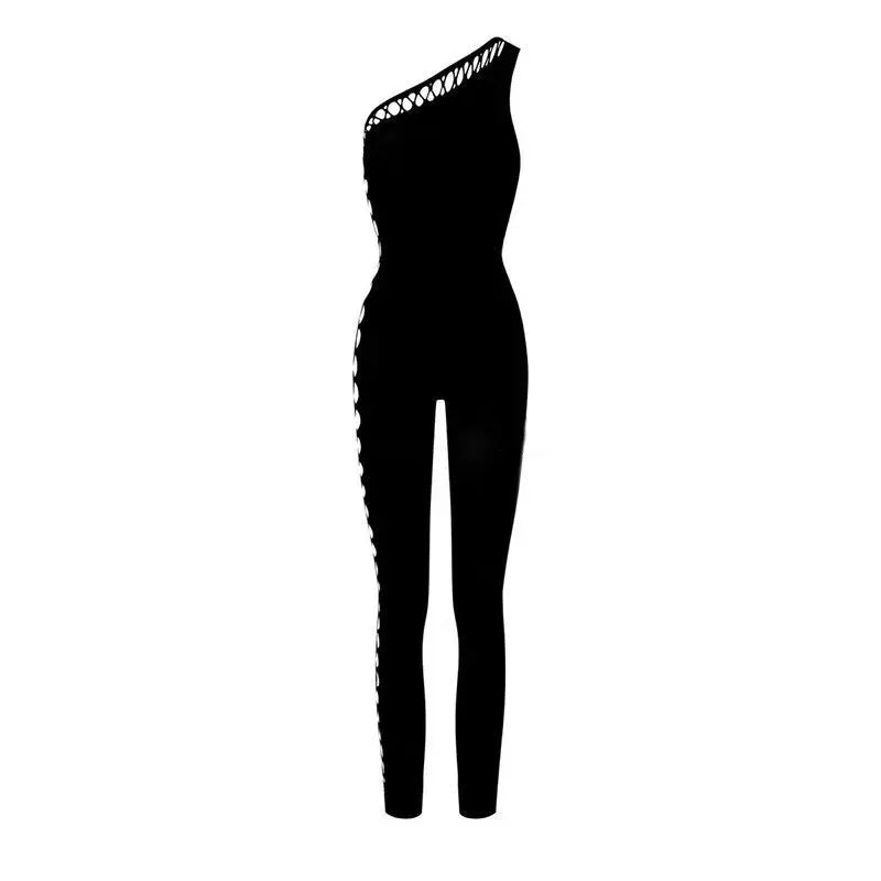 Sexy Streetwear Slanted Shoulder Hollow Sleeveless Jumpsuit Hot Girls Tight Fitting Slimming Bottom Jumpsuit Punk Personality