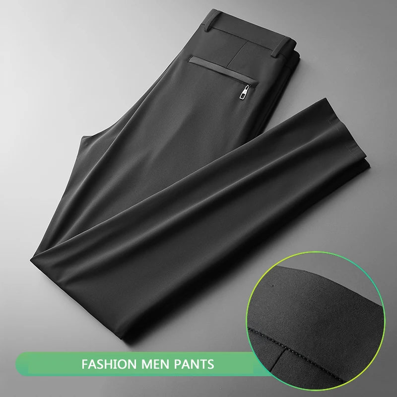 BROWON Brand Men Pants Summer New Business Fashion Straight Casual Pants Mid Light Elastic Loose Ice Silk Breathable Thin Pants