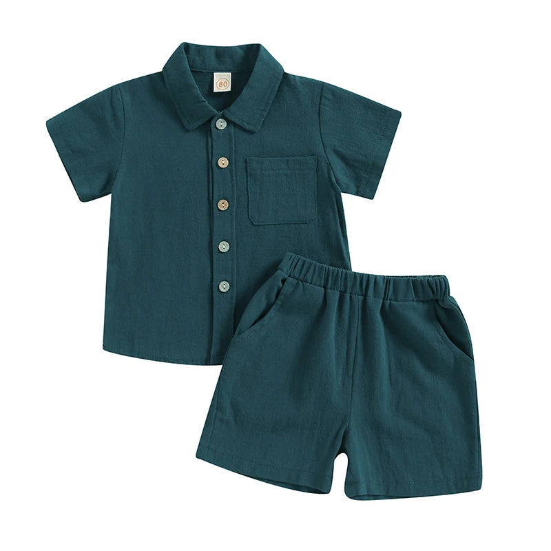 Kids Boys Casual Outfit Set Cotton Baby Boys Costume Summer Boy Clothing Set Short Sleeve Button Shirt with Elastic Waist Shorts
