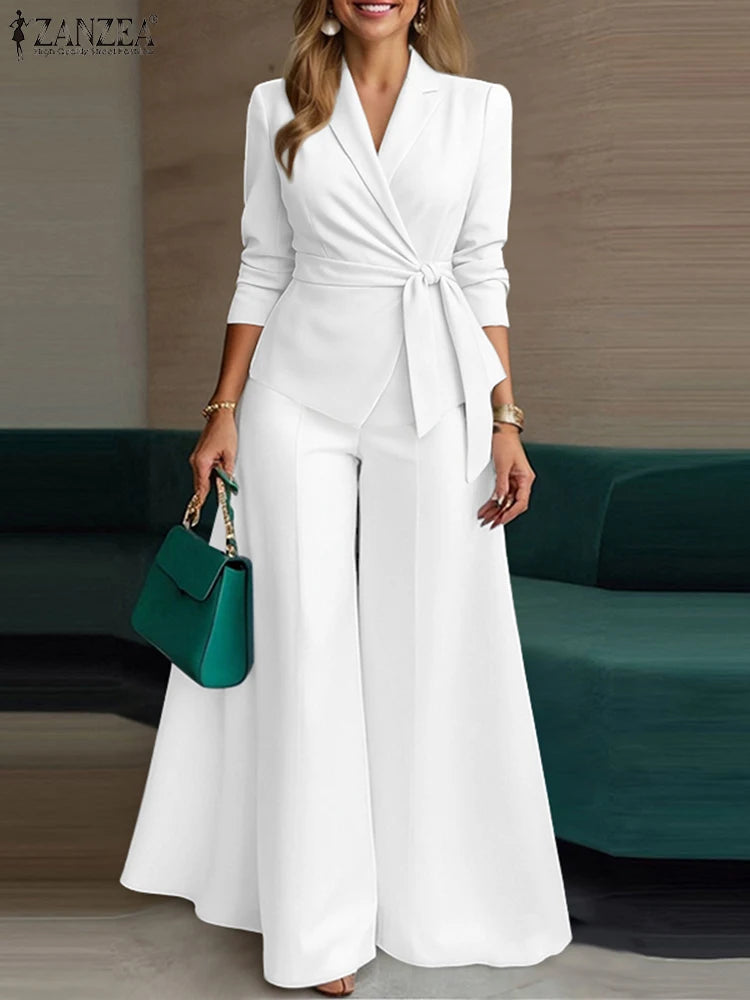 ZANZEA Elegant 2 Pieces Pant Sets Long Sleeve Belted Lightweight Blazer & Wide Leg Pant 2pcs Suits Office Lady Commuting Sets BAZAARHUBO