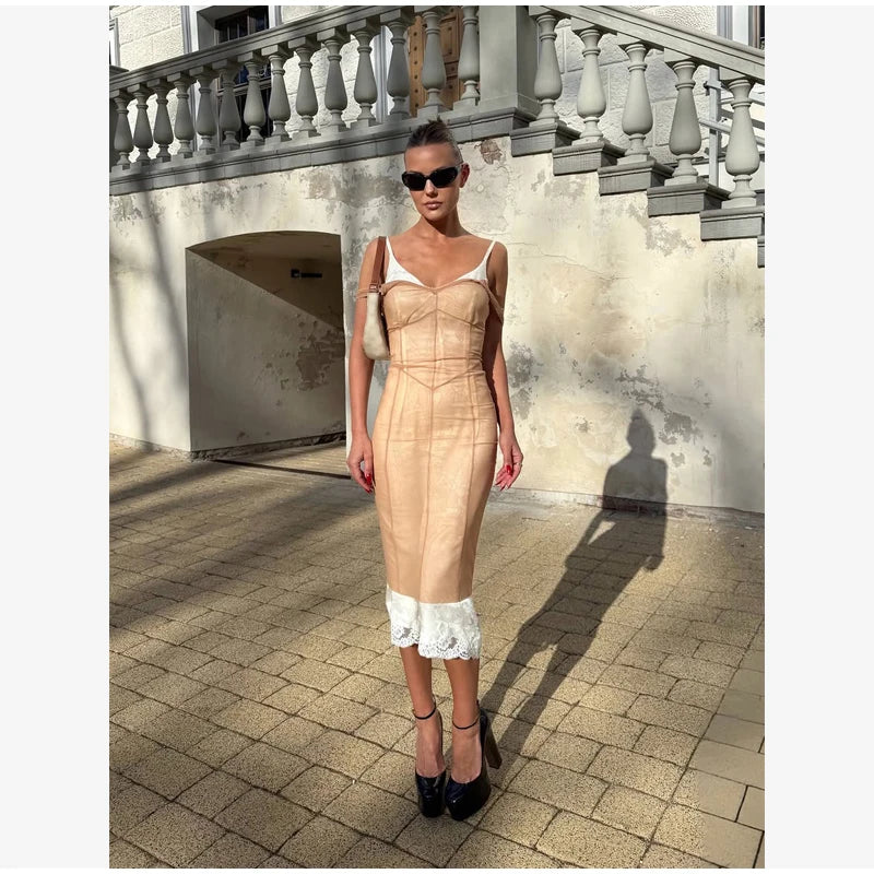 Women Sheer Mesh Overlay Midi Dress Waist Cinched Sleeveless Spaghetti Strap 2026 Summer Accessories Trendy Classy Lady Outfits