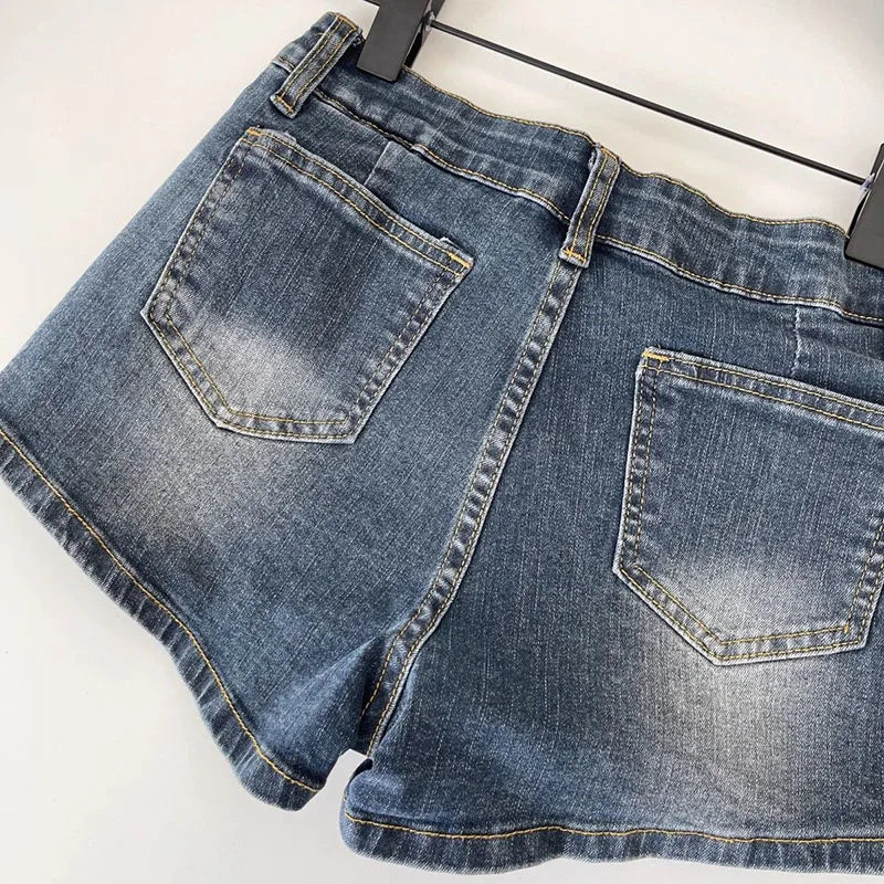 American Style Retro Blue Denim Shorts Women Summer Slim Fit Elastic Low-Waisted Jean Shorts Sexy Package Hip Tight Shorts Jeans