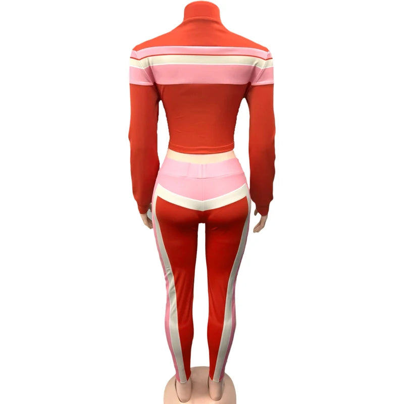 Fashion Women Tracksuit Streetwear 2piece Set Color Block Long Sleeve Zipper Jacket and Pants Sporty Fitness Gym Two Piece Sets