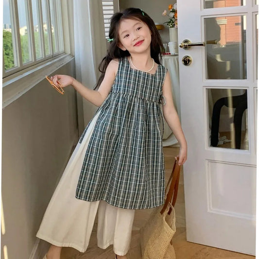 Kids Summer Fashion Sleeveless Square Neck Plaid Smock + Loose Pant 2 Pcs Set 3-7 Years Girls Daily Casual Clothes