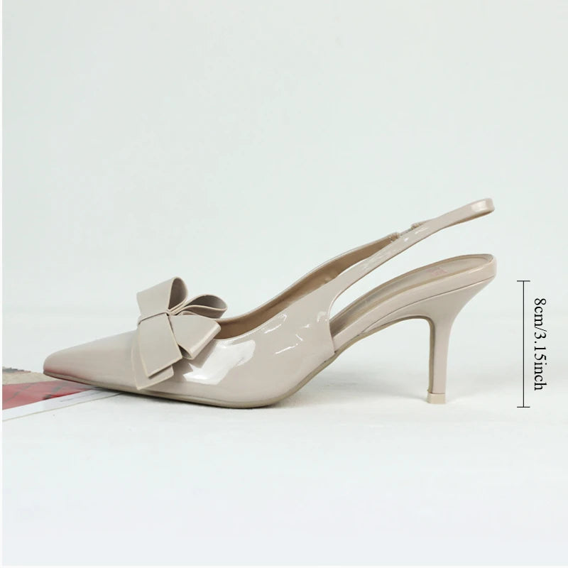 Women's High Heels Sandals Butterfly-knot Design Summer Footwear Chic Pointed Patent Leather Beige Elegant Female Wedding Shoes