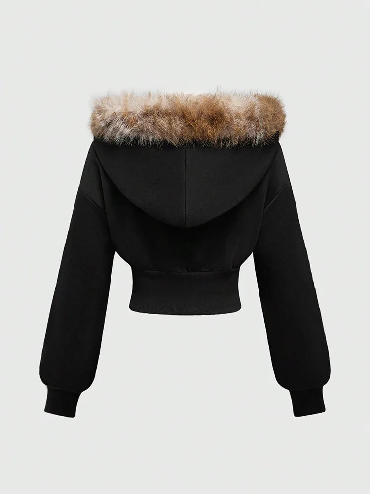 Winter Warm Gothic Print Hoodie Women's Clothin Faux Fur Crop Top Zip-Up Sweatshirt Fashion Y2K Streetwear Hooded Jacket 2026New