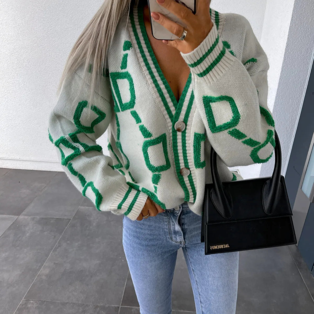 Autumn Winter Jacquard Knitted Coat Women Fashion V-neck Long Sleeve Single Breasted Knitting Cardigan Coats Female Streetwear