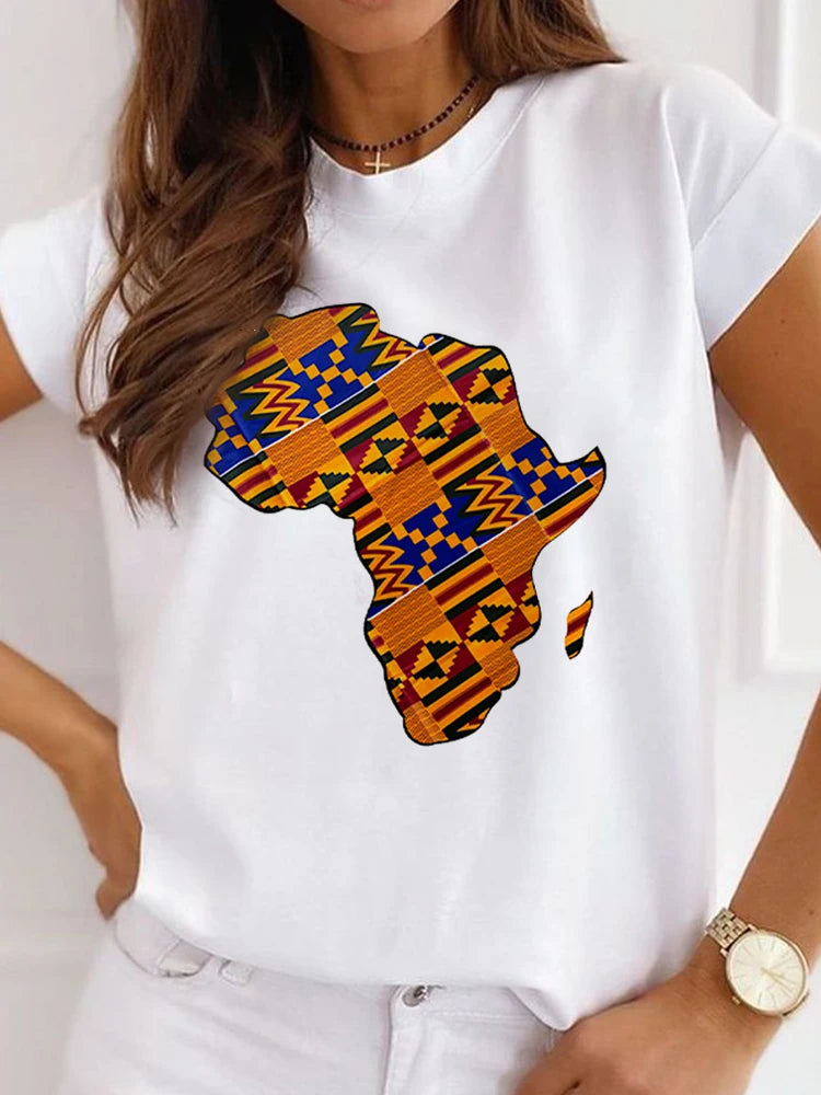 New African Funny Ladies Clothes Casual Short Sleeve Tshirt T Shirt O-neck Loose Summer White Tee Top Print Camisetas De Mujer
