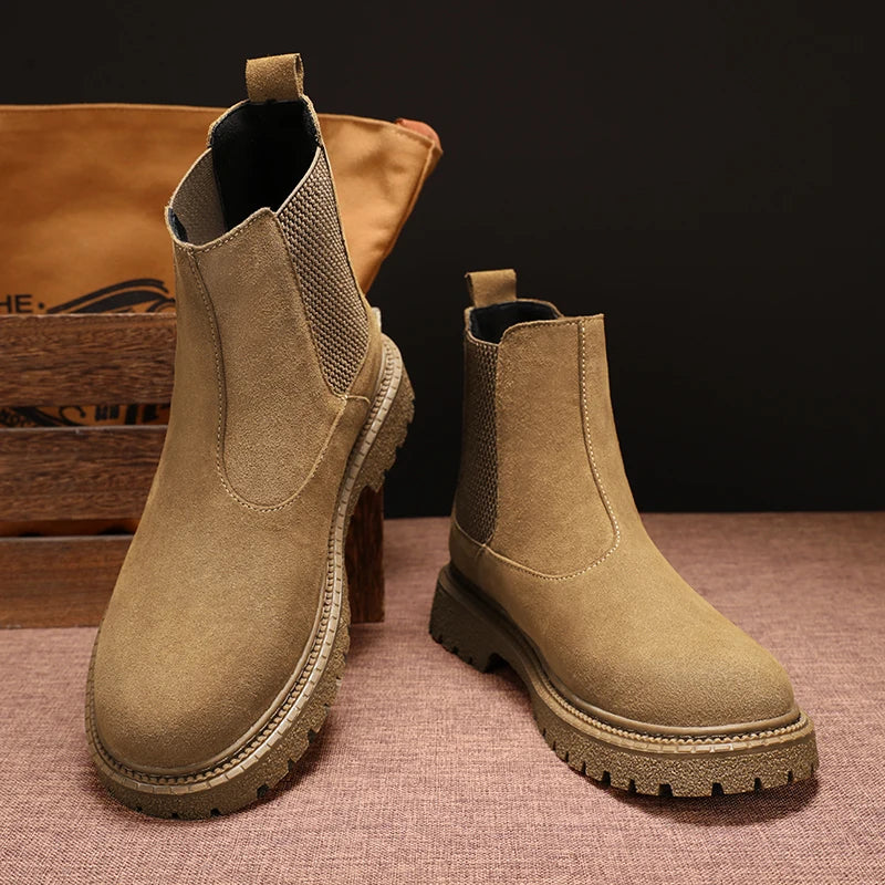 Mens Genuine Leather Chelsea Boots Ankle Casual Fashion Boot Luxury Winter Plush Warm Non-Slip Soles Pure Black Brown Suede