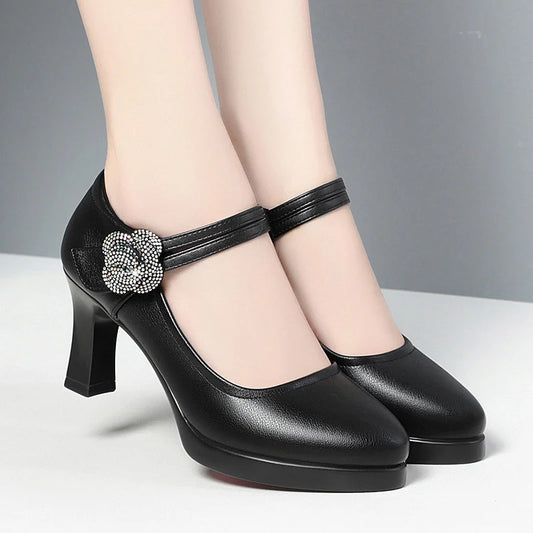 Women's Pumps Pointed Toe Office Soft Leather Flower Buckle Strap Platform High Heels Four Season Shallow Mouth Single Shoes