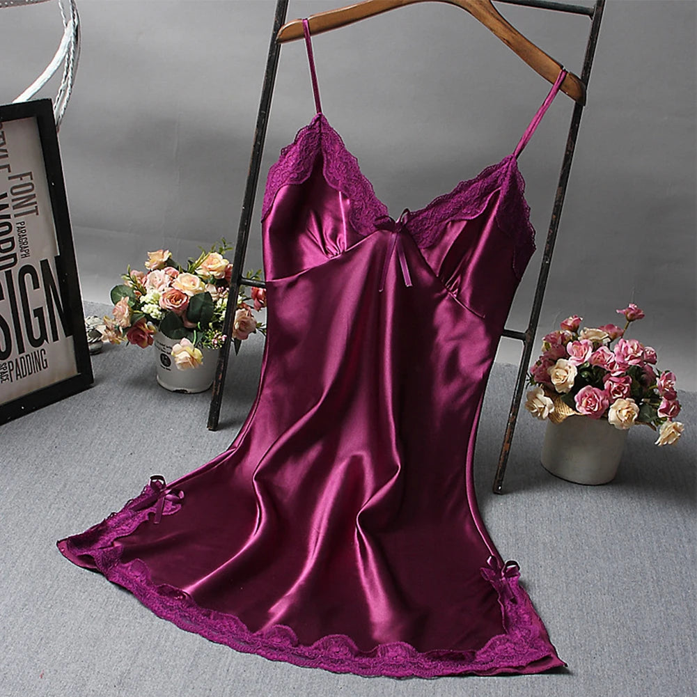 Ladies Sexy Silk Satin Night Dress Nightgown Sleeveless Lace Lingerie Sleepwear Ladies Wrap Dress Robe Sleepwear