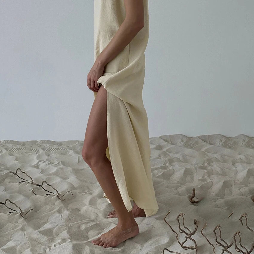 Linad Summer Casual White Long Dress Sexy Loose Backless Split Dresses Woman Street Chic V Neck Straight Dress For Women 2025