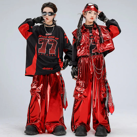 Boys Hip Hop Dancing Clothing Sets Sweatshirt Red Vest Baggy Pants Girls Jazz Dance Costume Group Stage Performance Wear Clothes