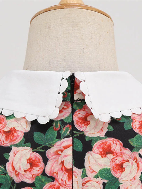 Women Vintage Dress Floral Print Peter pan Collar Elegant Party Dress Puff Short Sleeve Pin Up 50s Party Sundress 3XL