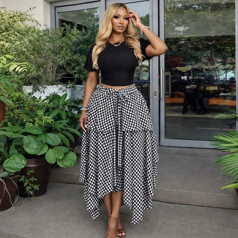 New African Fashion Sweet Checkered Print Skirt Women Summer Streetwear Irregular Patchwork High Waisted Skirt Female Bottoms