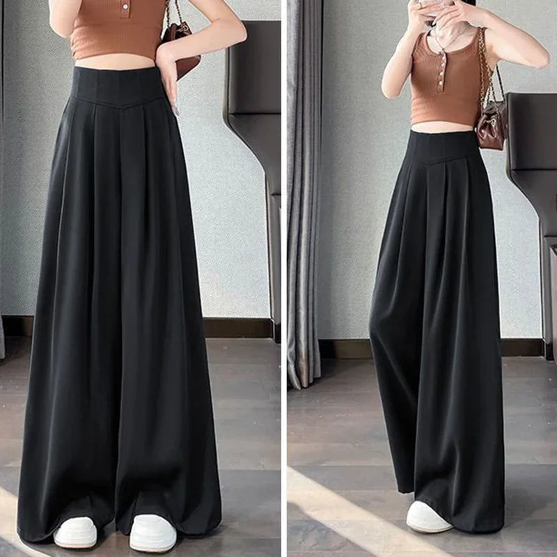 Lady Korean Solid High Waist Pants Girls Fashion Wide Leg Suit Trousers Women Slim Fit Comfortable Daily Slacks BAZAARHUBO