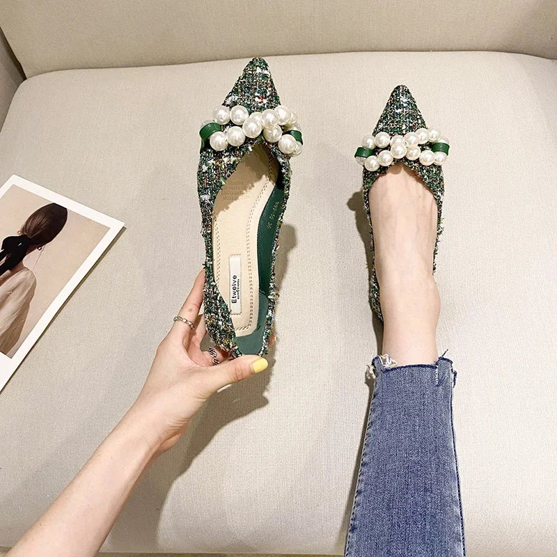 Flat Shoes for Women 2025 Spring Summer New Big Pearls Green White Women Flats Slip on Casual Loafers Zapatillas Mujer 44 45 46