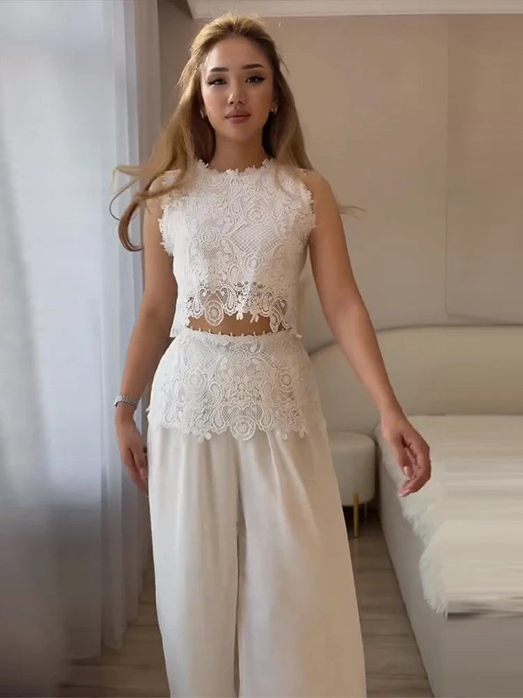 Casual Lace Tops Pants Sets Women O Neck Sleeveless High Waist Wide Legs Outfits Female 2026 Summer Beach Vacation Solid Suits