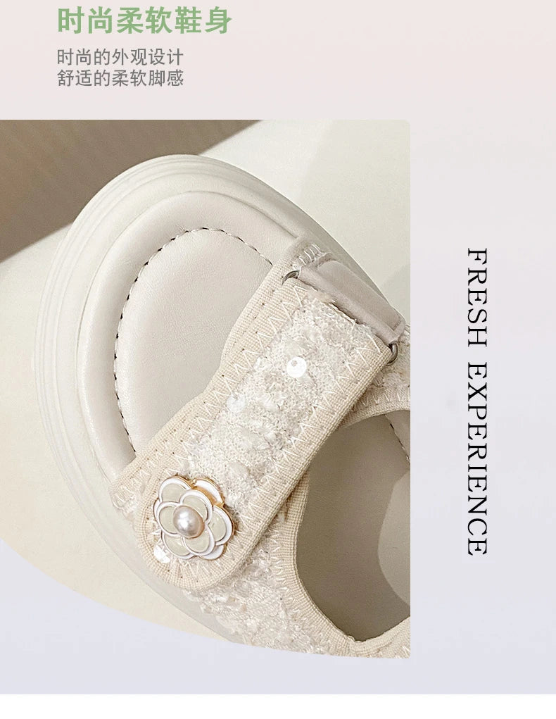Women's Platform Sandals Handmade Leather Rubber Bottom Flat Sandals Metal Decorative Element Summer Casual Ladies Outdoor Shoes