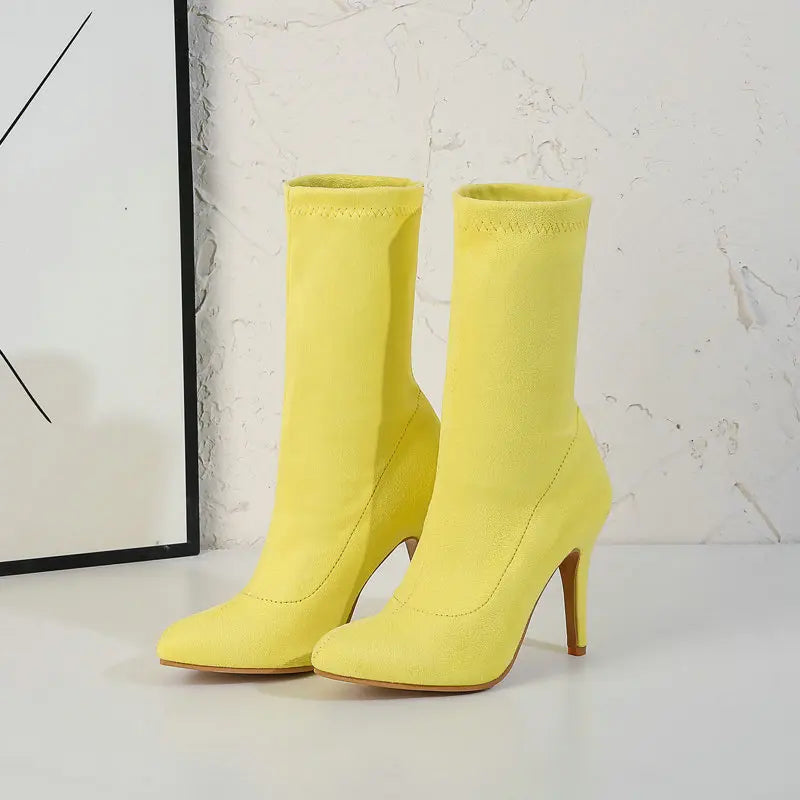 2023 Autumn Winter Sock Short Boots Lady Mid-Calf Thin High Heels Large Size 46 Fashion Women Shoes Elastic Flock Pointed Boots