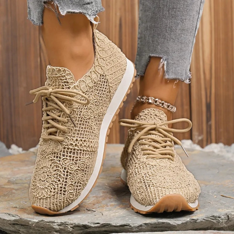 2026 Brown Knit Breathable Womens Sneakers Shoes New Platform Flats Woman Plus Size 43 Non Slip Casual Shoes Mesh Tenis De Mujer