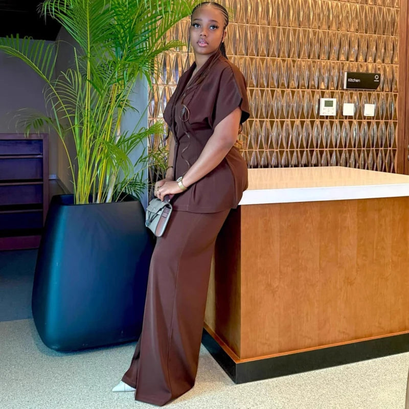 African Fashion Women Two Piece Set Turn Down Collar Short Sleeve Patchwork Shirt and Pants Set