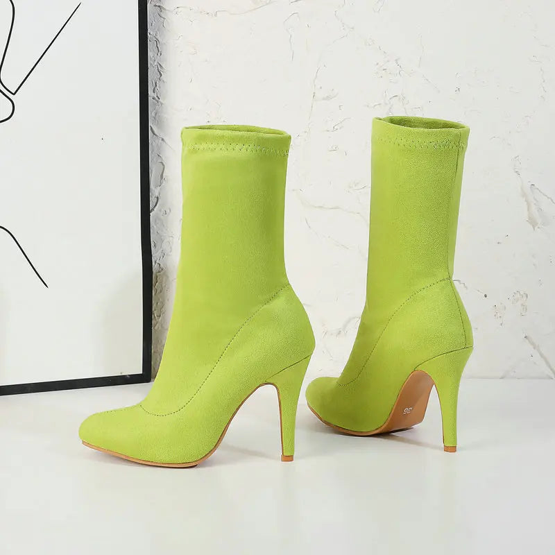 2023 Autumn Winter Sock Short Boots Lady Mid-Calf Thin High Heels Large Size 46 Fashion Women Shoes Elastic Flock Pointed Boots