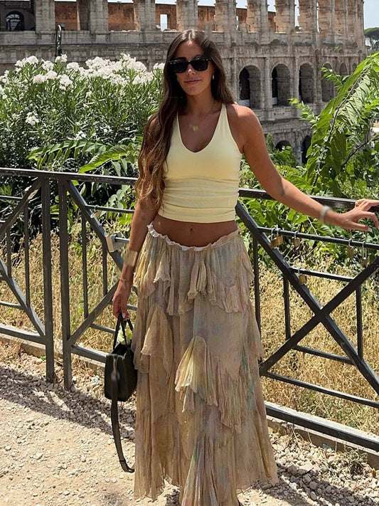 HH Women New Fashion Tie-Dye Print Layered Decoration Long Skirt Summer Female Elegant Elastic Waist Casual Pleated Skirt