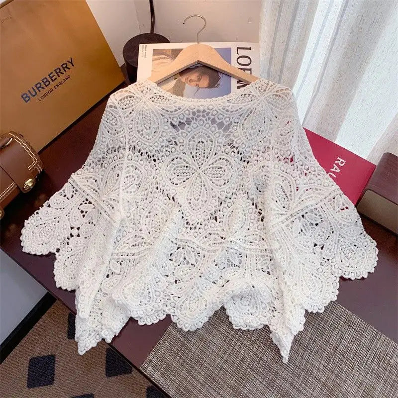 2024 Summr New Versatile Retro Sweet Lace Cut-out Crochet Shawl Cropped Top Summer Three Quarter-sleeve Hollow Out Top