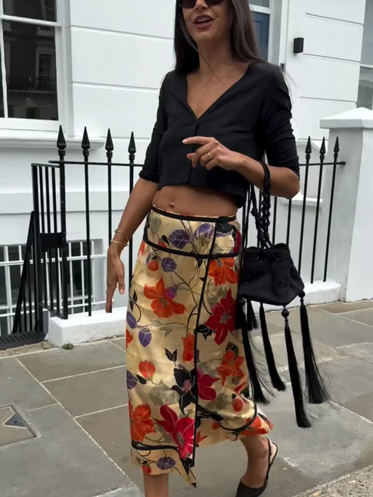 Vintage Floral Print Skirt For Women Chic Low Waist Slim Fit Slit Zipper All-matching Skirts Female 2026 Summer Lady Bottom New
