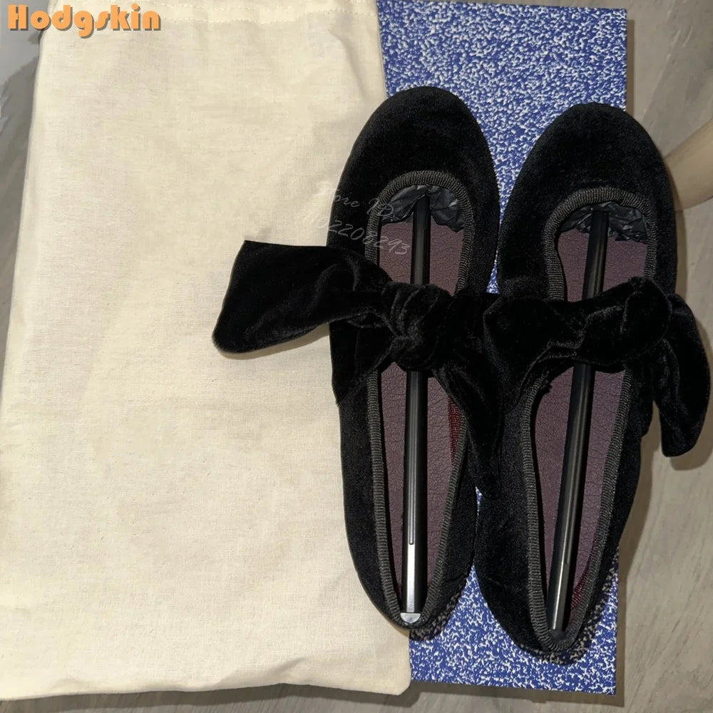 Velvet Bow Flat with Shoes Retro Round Toe Shallow Lace-up Mary Janes Butterfly-knot Daily Shoes Korean Style Design 2025 Women