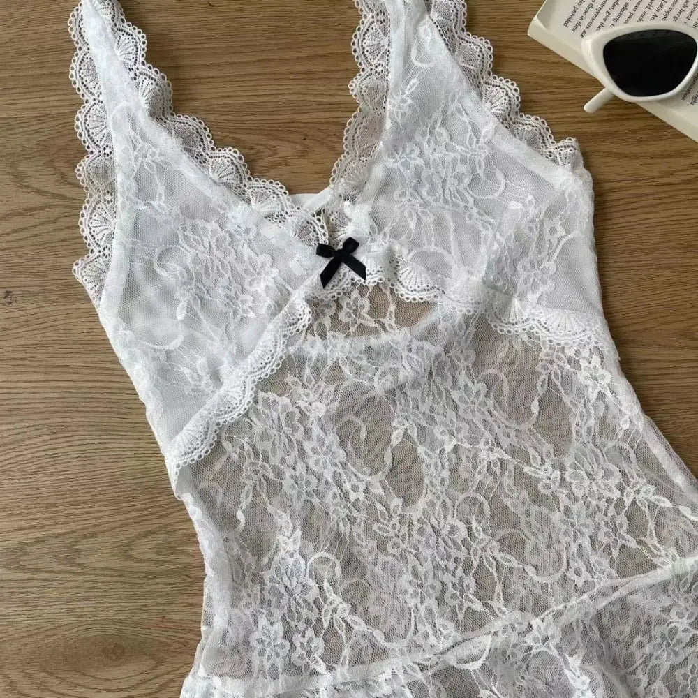 Fashion Transparent Lace Halter Dress V-neck Beachwear Lace-up Short Skirts A-line Spicy Girl Style Dresses Women Club
