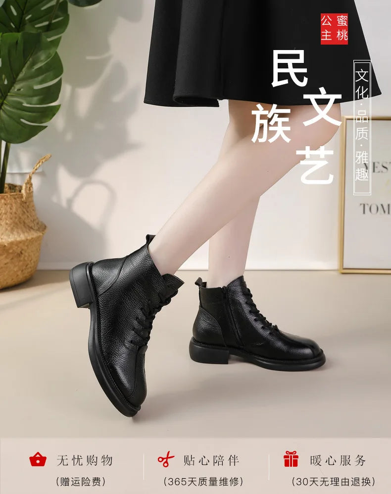 Xiuteng Autumn New Cowhide Mid-Heel Soft-Soled Women's Short Boots Retro Casual Leather  Boots Warm Women's Cotton Shoes