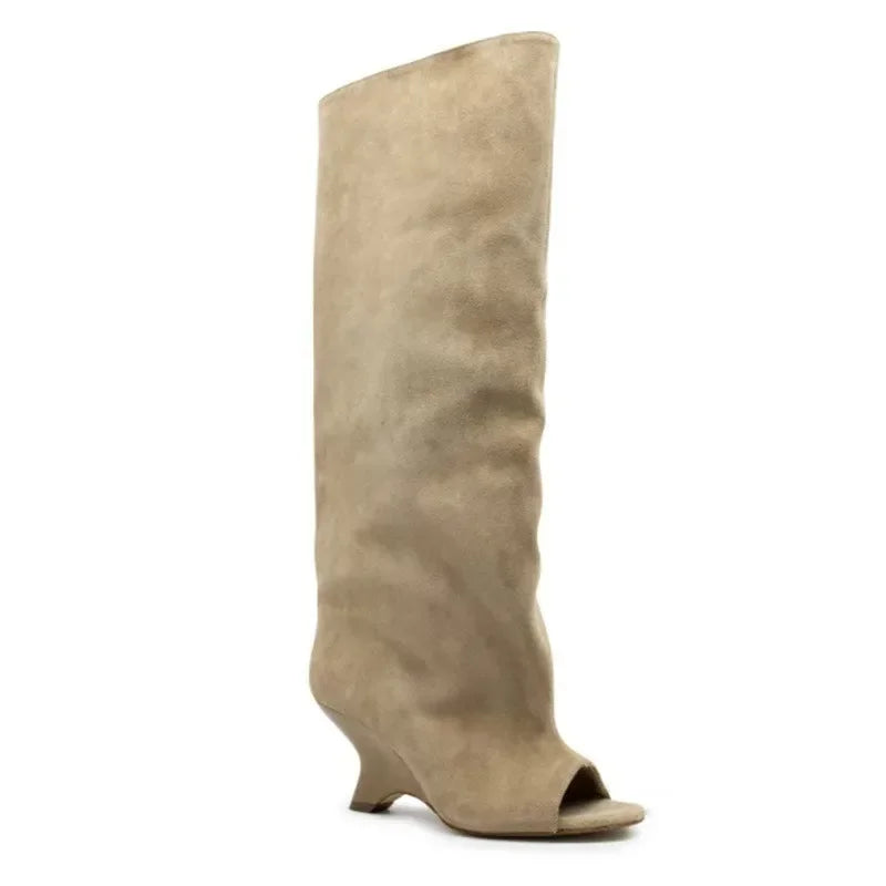 2025 European AndAmerican Nichedesign Versatileopen Toe Long Tube Cool Boots for Women, Crocodile Patterned Irregular High Heels