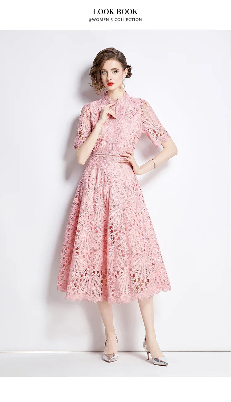 SMTHMA Vintage High-End O-Neck Short Sleeve Lace Hollow Out Dress For Women's Summer Slim Elegant Long Dress Female Clothing