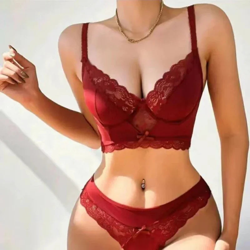 Sexy Fashion Transparent Lace Underwear Set Erotic Lingerie Women's Steel Ring Bra Panties 2-piece Set Sexy Hollow Pajamas Set